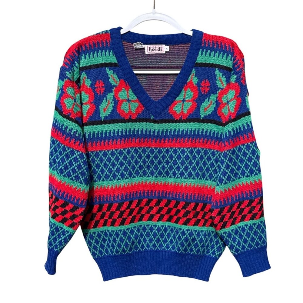 Vintage Heidi V-Neck‎ Knit Sweater Floral & Geometric Patterns Korea M Acrylic